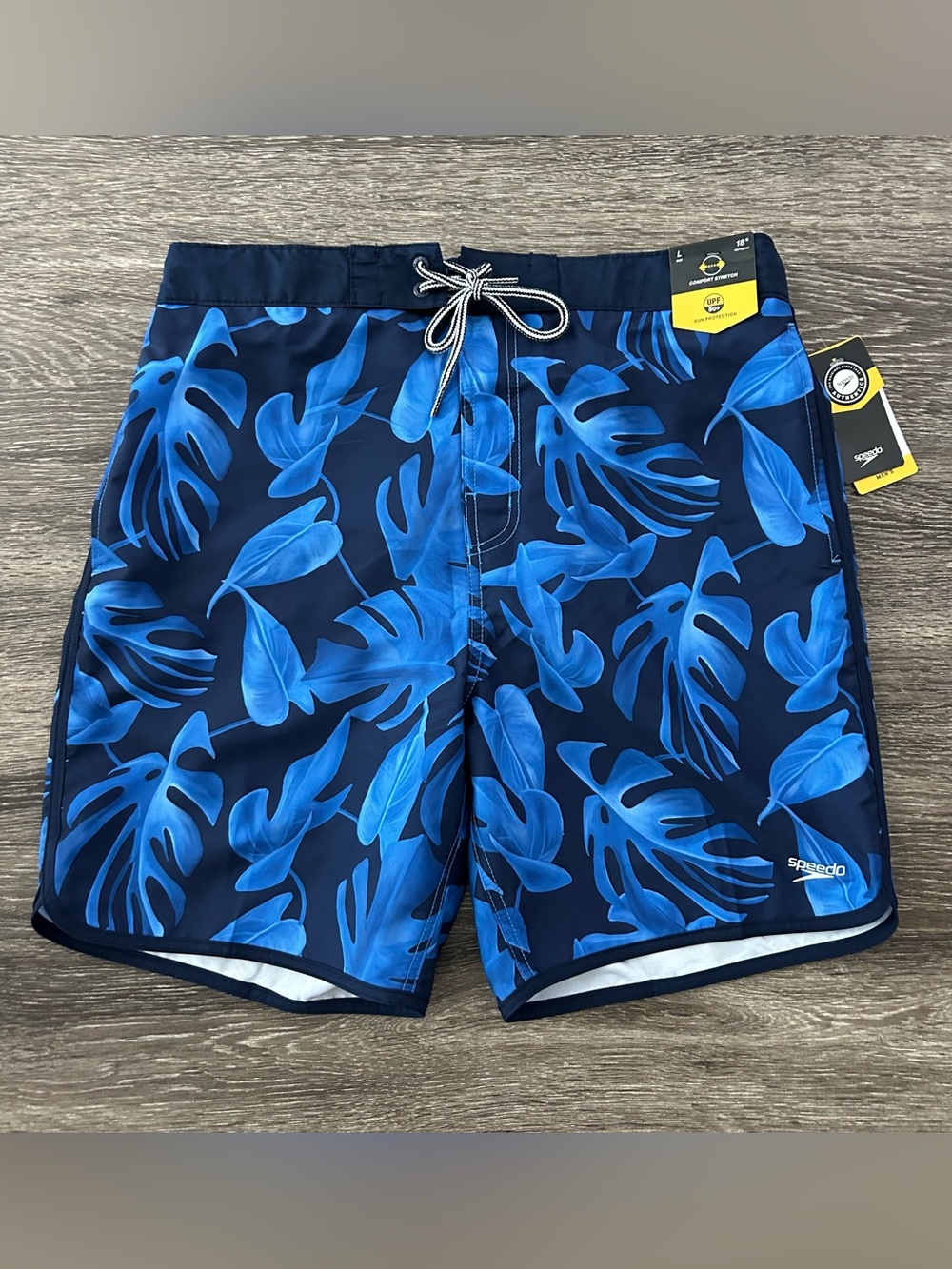 Speedo Blue Tropical Floral Swim Trunks Mens L Boardshorts UPF 50 Mesh Lined NWT